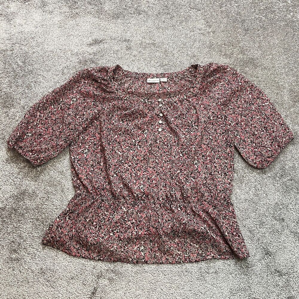 Liz Claiborne Blouse Womens 1X Pink Floral 3/4 Sleeve Plus Size Stretch Buttons